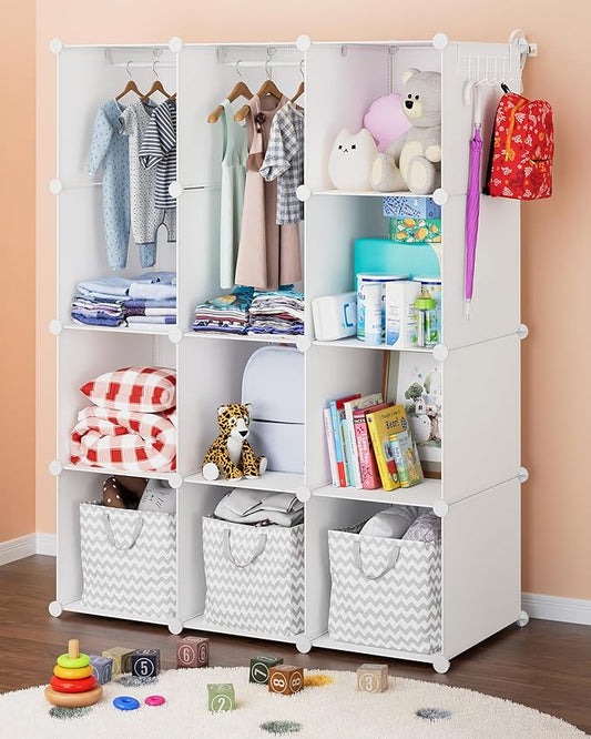 Baby Closet Organizer for Nursery: Durable Baby Wardrobe for Closet - Customizable Baby Dresser Amoire Shelves - Waterproof Shelf Clothes Organizer w/Wall Fixation (White)