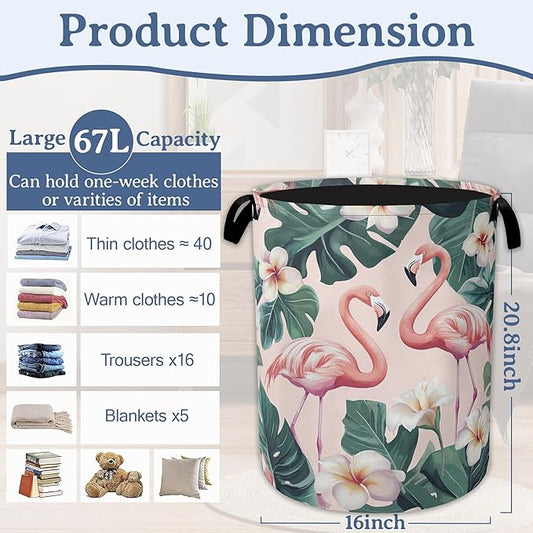 Pink Flamingo Laundry Basket,Foldable Waterproof Oxford Cloth Tote Bag Palm Leaf Laundry Hamper with Handles,20.8"x16" Clothes Storage Bucket Organizer for Laundry Room, Bathroom, Bedroom