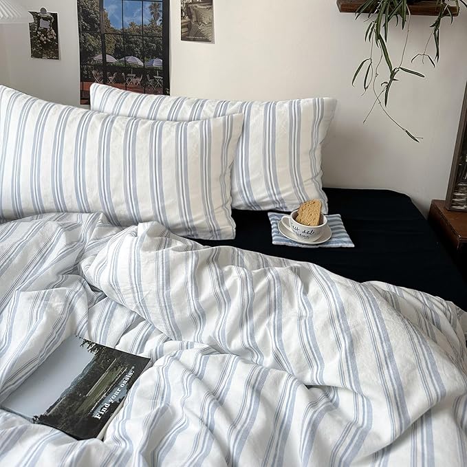 VM VOUGEMARKET Striped Duvet Cover Set 100% Washed Cotton Linen Like Textured Breathable Durable Comfy Modern Bedding Set for Boys Men (Demin Blue&White Stripes, Queen 90"x90")