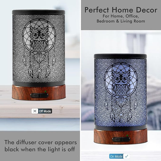 EQUSUPRO Essential Oil Diffuser 150ml Metal Aromatherapy Oil Diffuser Ultrasonic Cool Mist Diffuser with Auto Shut-Off Protection,7 Colors Changed LED for Home Office SPA Yoga (Owl)