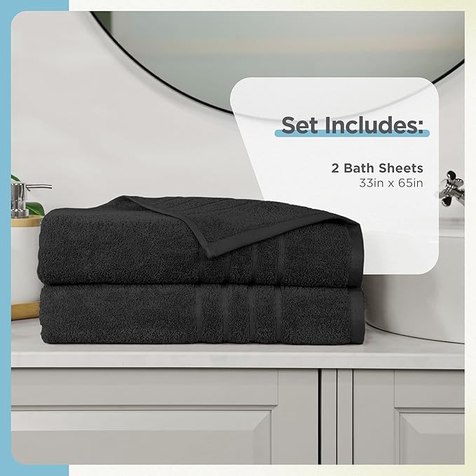 Martex 2-Pack Ultimate Performance Bath Sheet Set – 100% Cotton – 33” x 65” – Extra Large Bath Towels – Versatile – Low-Linting – Supersoft Bathroom Set – Super Absorbent – Easy Care – Black