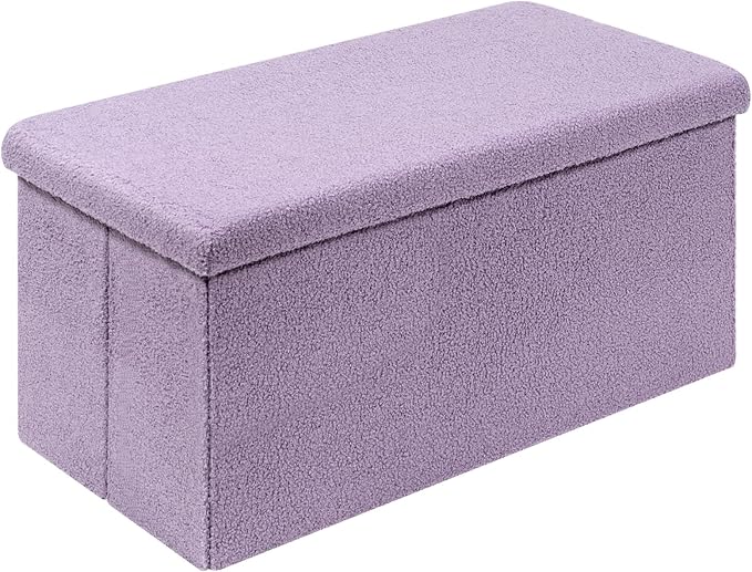 PINPLUS Folding Storage Ottoman Bench, Sherpa Ottoman with Storage, Large Long Shoes Bench Chest with Lid, Footrest for Living Room, Entryway, Purple, 31.5'' x 15.7'' x 15.7''