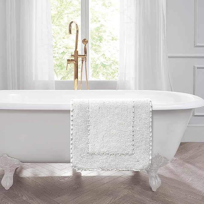 Laura Ashley Ruffle Border 100% Cotton Bath Rug, White, 17"x 24"