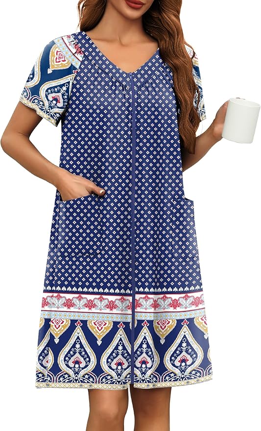 Ekouaer Women Robe Zipper Front Mumu Duster Robes Zip Up Housecoat Soft Sleepwear with Pockets