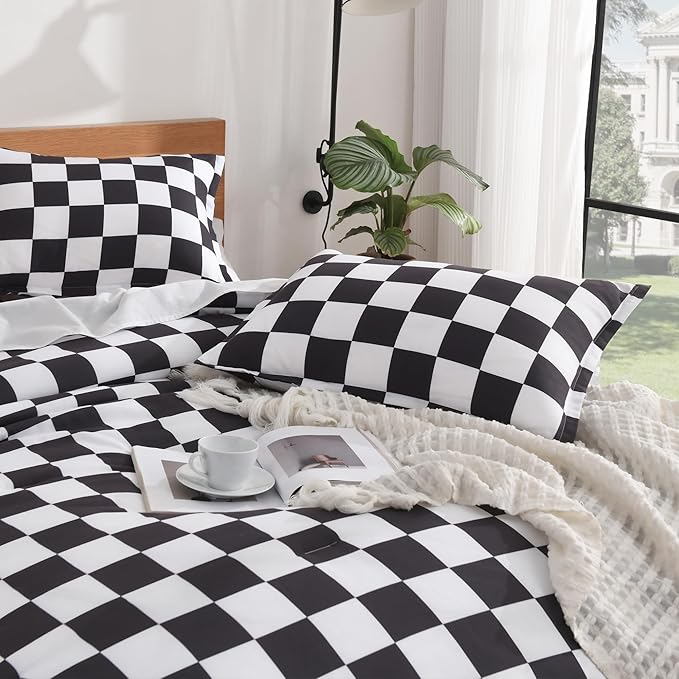 Andency Checkered Comforter Queen(90x90Inch), Black White Plaid Gingham Buffalo Grid Bed Set for Boys Kids Teens, 3 Pieces Lightweight Microfiber Geometric Preppy Bedding
