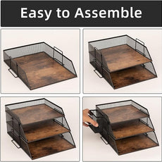 Vintage Wood & Metal Letter Tray， Stackable Desk Organizers Paper Tray， for File Magazines Mail Organizer, Vintage Wood Desk File Organizer with Pen Holder(3 Layer)