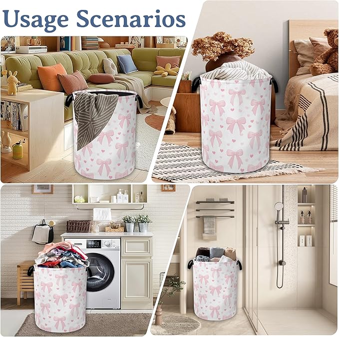 Cute Pink Bow Laundry Basket,Foldable Oxford Cloth Heart Laundry Hamper with Handles, 20.8"x16" Tote Bag Clothes Storage Bucket for Laundry Room/Bathroom/Bedroom/Dormitories