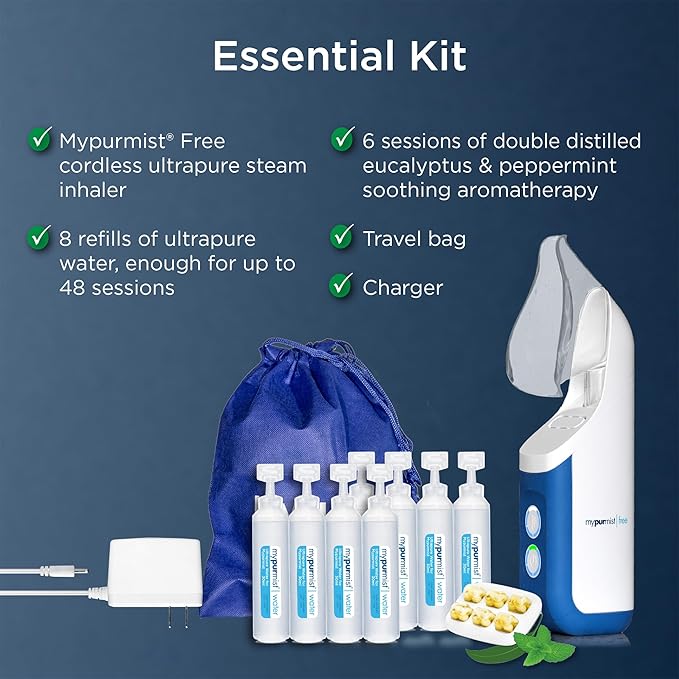 Mypurmist Free Ultrapure Cordless Steam Inhaler - Handheld Personal & Battery-Powered Steamer, Vaporizer & Humidifier for Sinus Relief, Nasal Congestion, Cold & Cough, Vocal Care