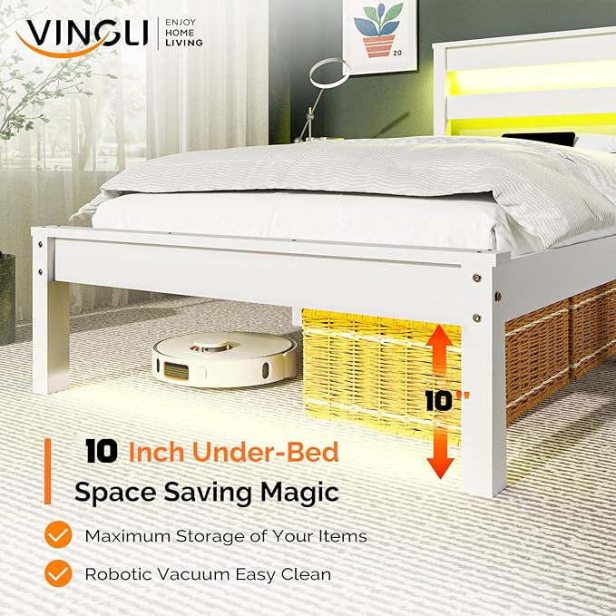 VINGLI Solid Wood Twin Bed Frame with LED Lights & USB Charging Station,Kids Platform Bed with Storage Headboard Shelf, Underbed Storage Drawer,White