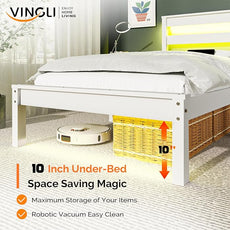 VINGLI Solid Wood Twin Bed Frame with LED Lights & USB Charging Station Single Platform Panel Bed with 40 Inches Tall Headboard for Kids,No Box Spring Needed,White