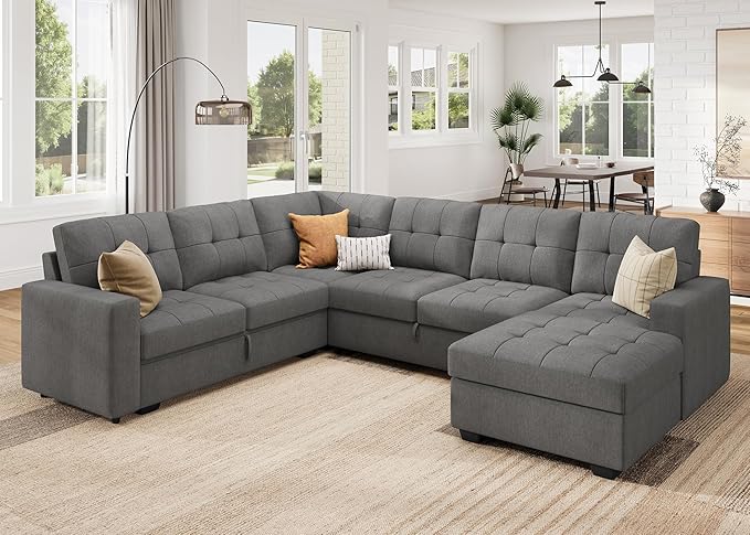 HONBAY Sleeper Sofa Bed with Storage Chaise, Sectional Couch with Pull Out Bed, U Shaped Sectional Sleeper Sofa Couch, Grey