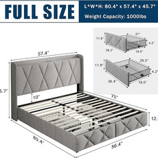 Full Size Bed Frame with 4 Storage Drawers, Upholstered Platform Bed with Charging Station, Modern Wingback Storage Headboard, Easy Assembly,Noise-Free, Light Gray