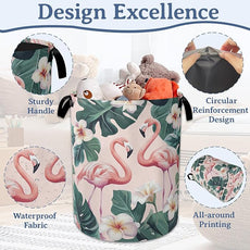 Pink Flamingo Laundry Basket,Foldable Waterproof Oxford Cloth Tote Bag Palm Leaf Laundry Hamper with Handles,20.8