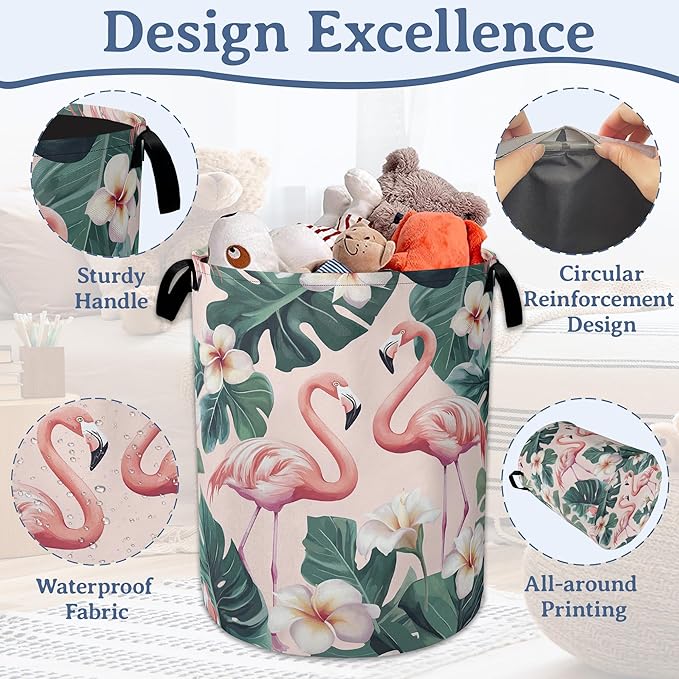 Pink Flamingo Laundry Basket,Foldable Waterproof Oxford Cloth Tote Bag Palm Leaf Laundry Hamper with Handles,20.8"x16" Clothes Storage Bucket Organizer for Laundry Room, Bathroom, Bedroom