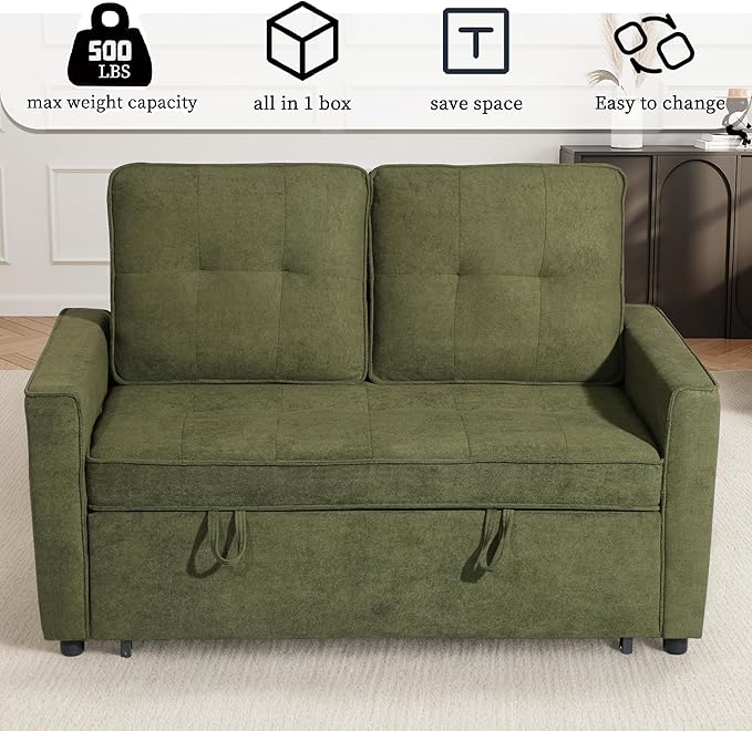 EJUNQ Pull Out Couch, Convertible Sofa Bed with USB and Reclining Backrest, Modern 3 in 1 Sleeper Sofa Couch Bed with Side Pockets, Comfortable Loveseat Sleeper for Small Spaces.(Green)