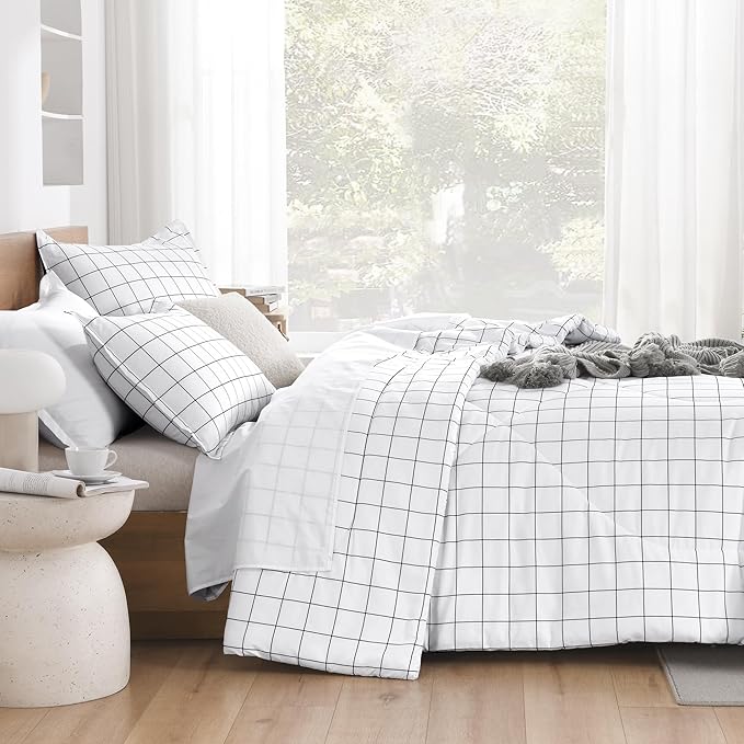 Andency Full Size Comforter Sets, White Gingham Plaid Grid Checkered Bedding Comforter Set for Teens Boys Girls Kids, 3 Pieces Lightweight Reversible Preppy Bedding Set(79x90 Inch)