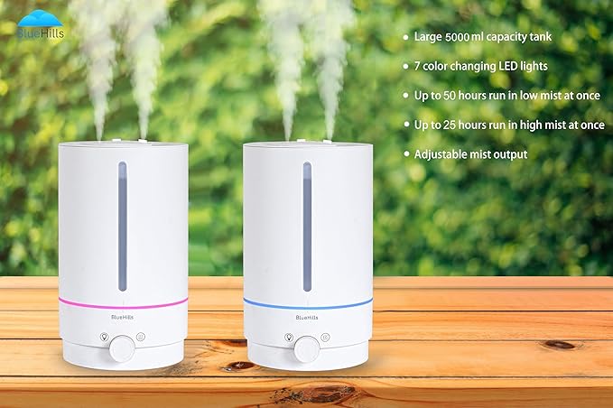 BlueHills Premium 5000 ML XL Cool and Warm Mist Ultrasonic Diffuser Humidifier Large Room Huge Coverage Area 5 Liter Big Capacity High Output 50 Hours Long Run Time Essential Oil Diffuser White W501
