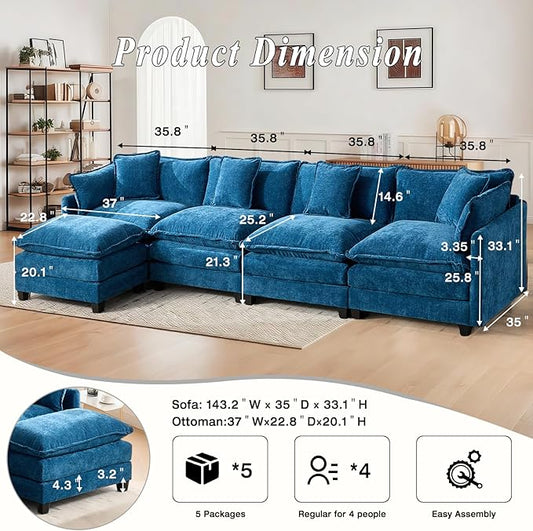 SoarFlash 149.61" Chenille Sectional Sofa, Comfy L Shaped Modular Coush Sofa with Ottoman, Modern 4 Seat Couch Deep Seat Sofa Set for Living Room,Blue