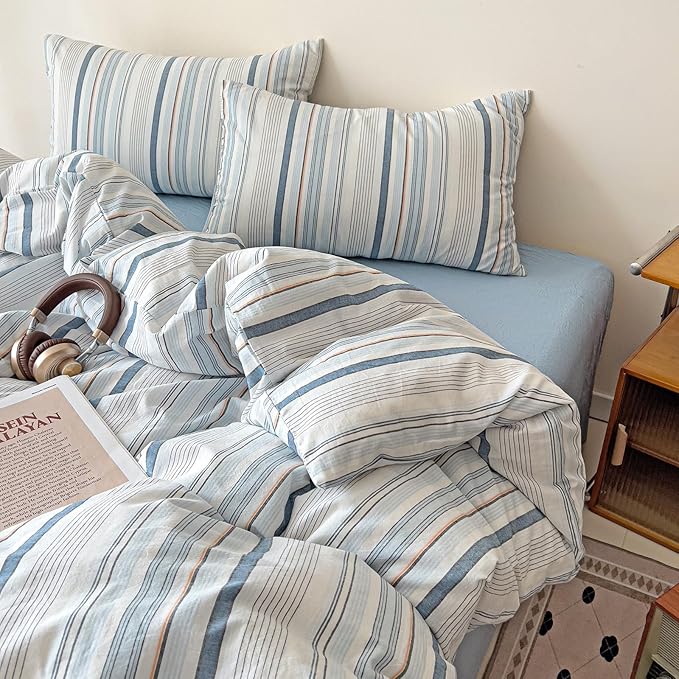 VM VOUGEMARKET Striped Duvet Cover Set 100% Washed Cotton Linen Like Textured Breathable Durable Soft Comfy Bedding Set (Blue Stripes, King 104"x90")