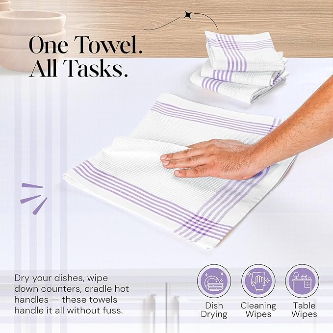 Lavender and White Kitchen Towels 12 Pack, 16x26 Inch, 100% Cotton Waffle Weave, Super Absorbent, Quick Dry, Soft & Durable Dish Towels for Drying, Cooking, Cleaning Tasks