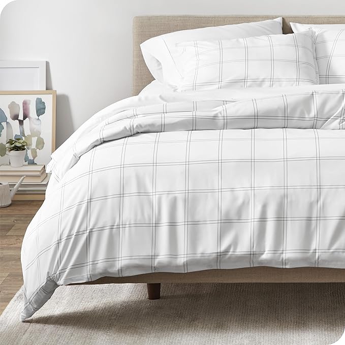 Bare Home Bedding Duvet Cover Extra Long Size - Premium 1800 Super Soft Collection - Lightweight, Cooling - Soft Textured (Twin/Twin XL, Modern Plaid - White/Grey)