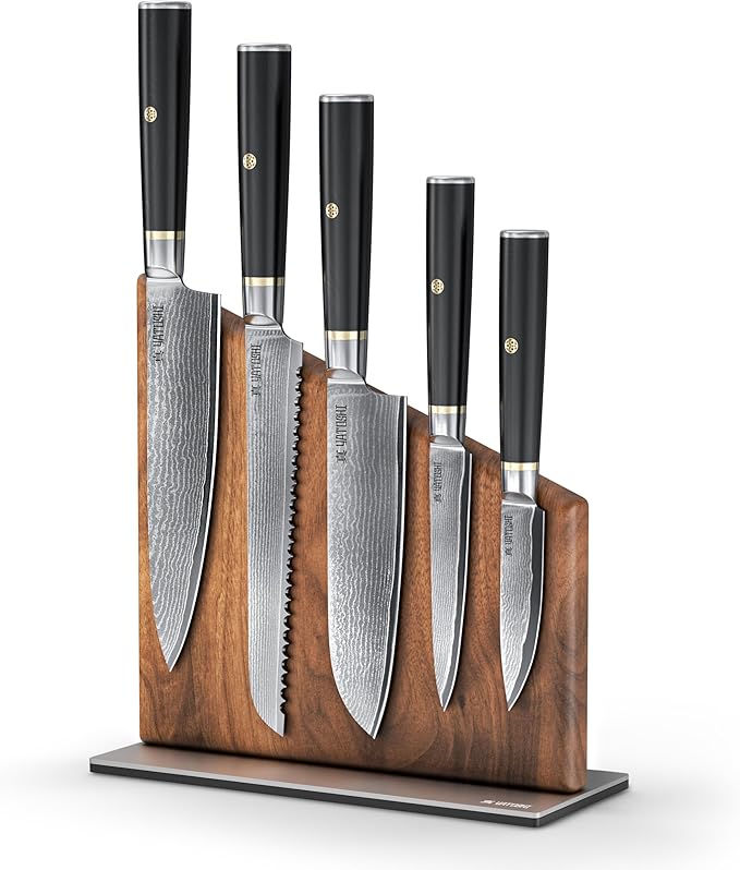 Yatoshi Knives Magnetic Kitchen Knife Block Set - Japanese 67 Layer High-Grade VG-10 Steel Knives, Sharp, G10 Handle Professional Kitchen Knife Set - Black Damascus (6 pieces)