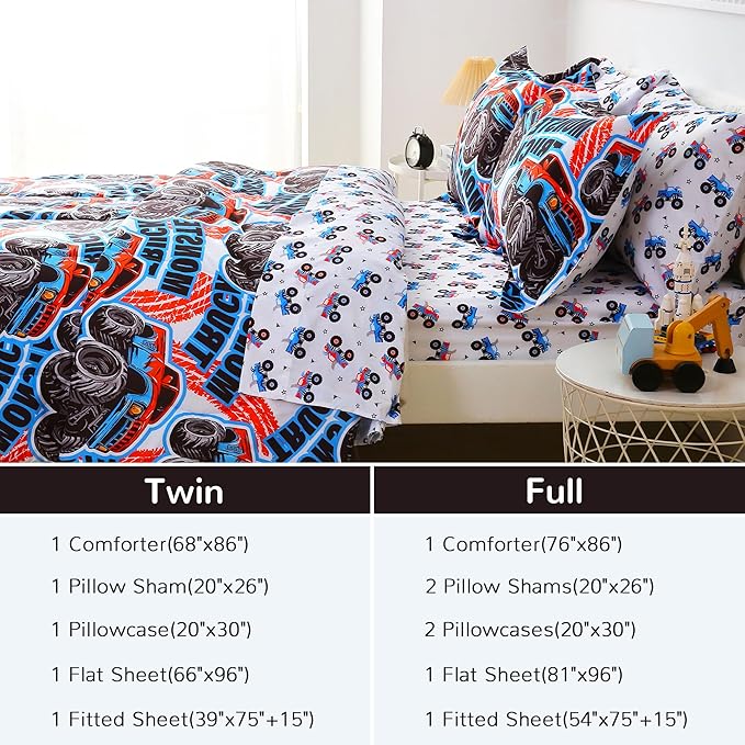 Viviland Kids Full Bedding Sets for Boys, Soft Full Comforter Set with Sheets, 7 Pieces Microfiber Bed in a Bag, Monster Truck