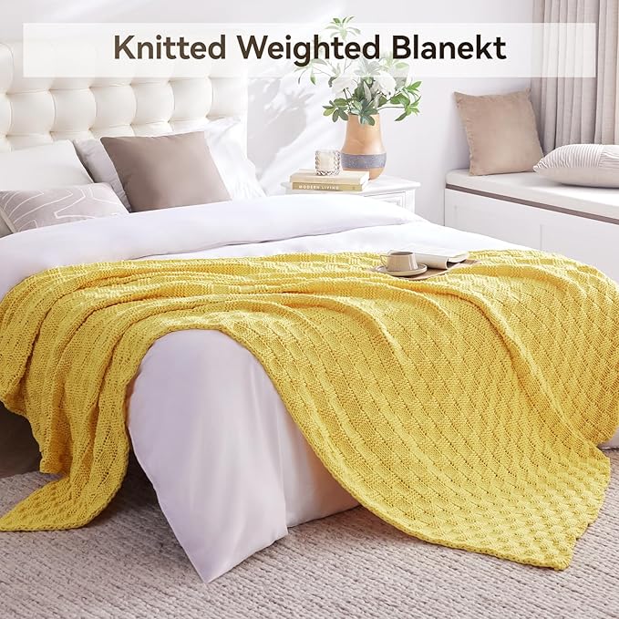 Knitted Weighted Blanket for Adult, No Beads Heavy Blanket 60” x 80'' 12lbs, Breathable Chunky Knit Blanket, Cooling Weighted Blanket for Hot Sleepers, Christmas Home Decor (Yellow)
