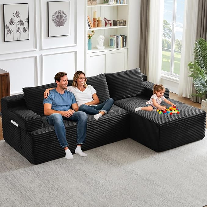 96" Modular Sectional Sofa Couches L-Shape Couch 3 Seat Modular Sofa Corduroy Memory Foam Sectional Boneless Couches for Living Room, Cloud Couch with Oversized Chaise(Dark Black, Right Facing)