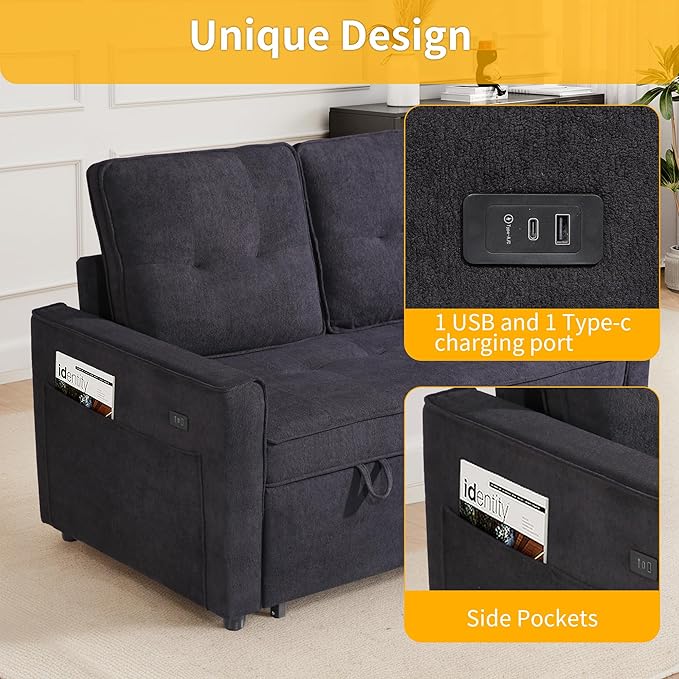 EJUNQ Pull Out Couch, Convertible Sofa Bed with USB and Reclining Backrest, Modern 3 in 1 Sleeper Sofa Couch Bed with Side Pockets, Comfortable Loveseat Sleeper for Small Spaces.(Black)