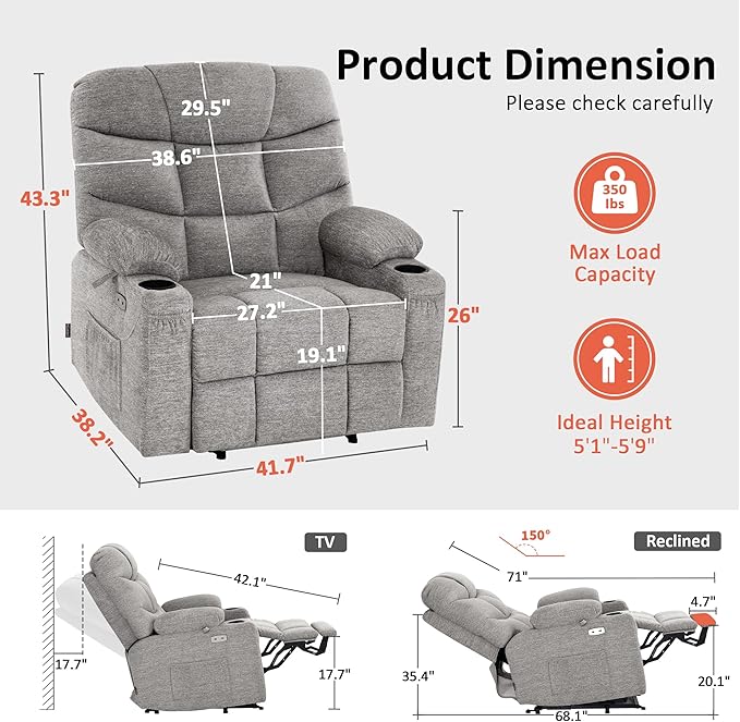 MCombo Oversized Power Lift Recliner Chair with Extended Footrest, Extra Wide 27.2" for Big and Tall Elderly People, Fabric R7289 (Light Grey, Medium-Oversize)