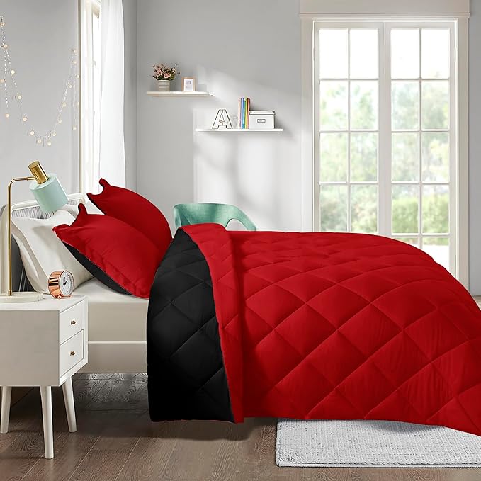 HIG 3pc Red King Size Comforter Set -All Season Reversible Down Alternative Comforter with Two Shams -Quilted Duvet Insert with Corner Tabs - Diamond Stitched Blanket - Breathable, Soft, Fluffy