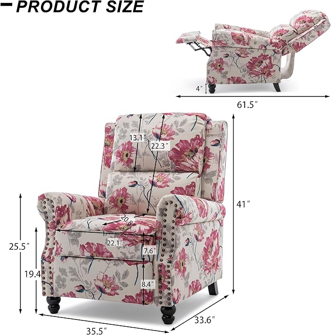 Recliner Chair, Modern Pushback Armchair with Adjustable Backrest & Footrest for Bedroom, Living Room (Pattern Floral,Set of 1)