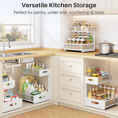 Under Sink Organizer, 2 Pack 2 Tier Pull Out Under Cabinet Organizer Shelf with Pad for Framed Cabinets, Metal Slide Out Under Sink Storage, Mesh Sliding Drawers for Kitchen Bathroom Laundry, White