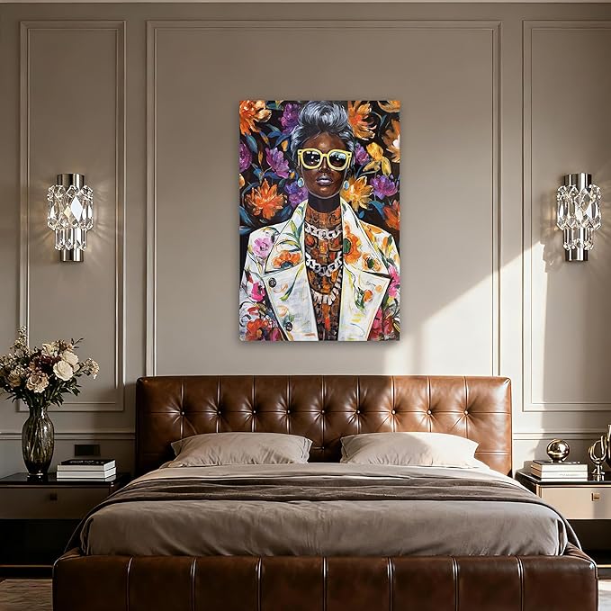 YETHEN WAL Afrocentric Canvas Wall Art – Black Woman Portrait Floral Wall Decor, Chic Modern Art Prints for Living Room, Bedroom, Office Decor, 32×48 Inch