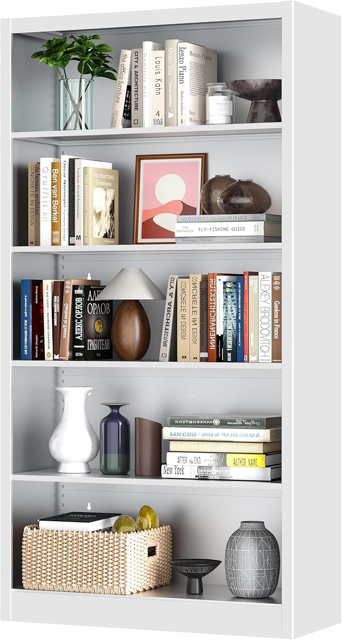 66" Tall Metal Bookcase, 5 Shelf White Bookcase with Adjustable Shelves, Large Bookshelves and Bookcases, Modern Book Shelf Storage Organizer for Living Room, Home Office, Library