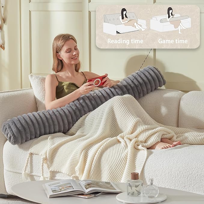 Headboard Pillow + A Long Neck Roll Pillow Body Pillow，Faux Fur Headboard Wedge Pillow with Removable Cover (Gray, Twin：39x8x20 inches)