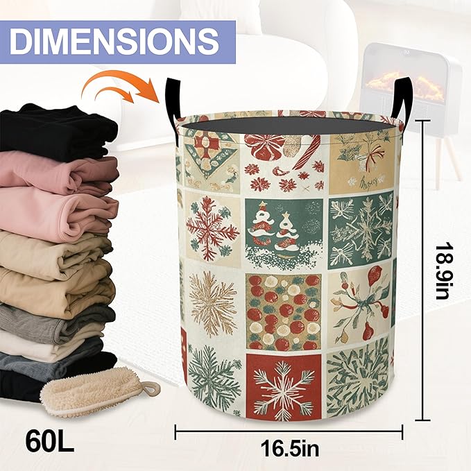 Christmas Laundry Basket-Large Foldable Hamper Holder Portable Tall Collapsible Laundry Hamper Storage Basket Bin with Handles, Canvas & Waterproof lining for Household Items