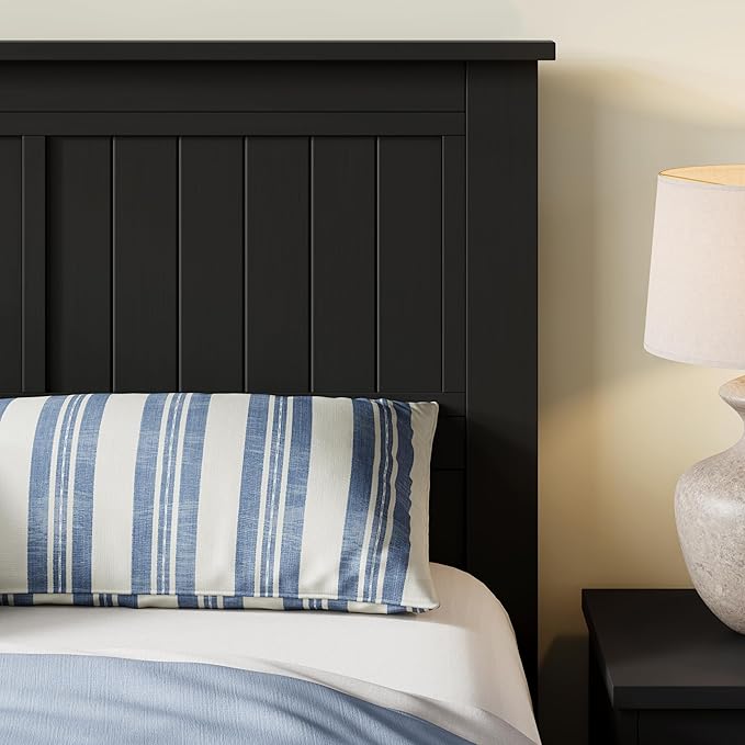 Serene Solid Wood Window-Pane Panel Headboard – Easy Assembly, Casual Coastal Style – Queen Size in Black