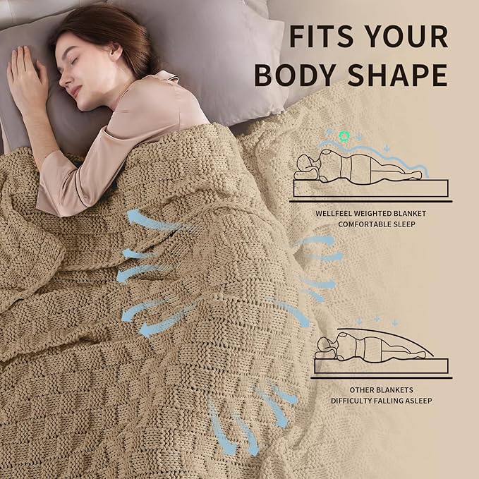 Knitted Weighted Blanket for Adult, No Beads Heavy Blanket 48” x 72'' 10lbs, Breathable Chunky Knit Blanket, Cooling Weighted Blanket for Hot Sleepers, Christmas Home Decor (Camel)