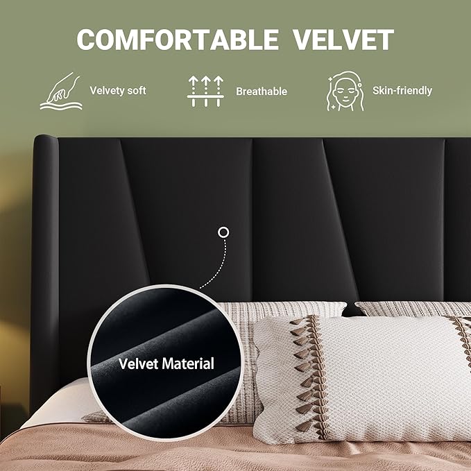Allewie King Size Platform Velvet Bed Frame with Geometric Wingback Headboard, Boho Upholstered Bed with Wooden Slats Support, No Box Spring Needed, Easy Assembly, Black
