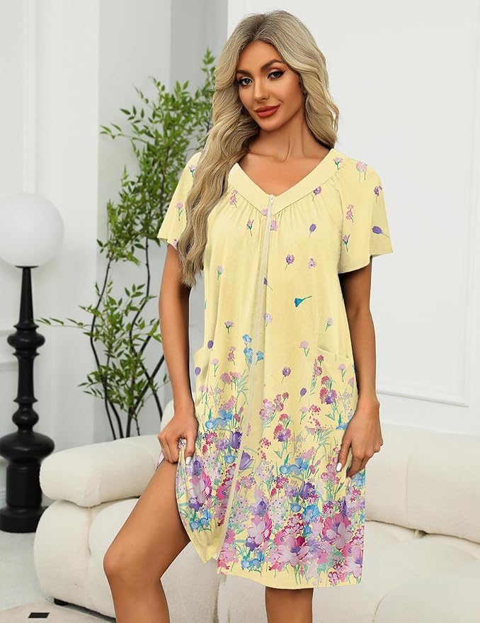 Ekouaer Women Robe Zipper Front Mumu Duster Robes Zip Up Housecoat Soft Sleepwear with Pockets