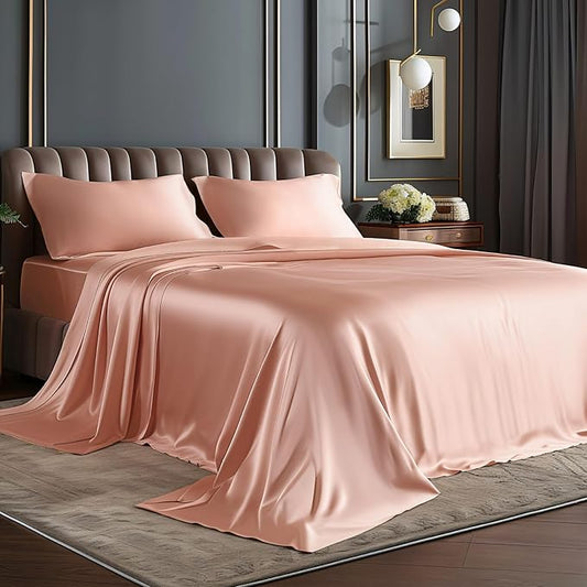 BEDELITE King Size Sheets Set, Luxury Soft Coral Pink Satin Sheets for Hair and Skin, Similar to Silk Bed Sheets Set 4 Pieces with 1 Deep Pocket Fitted Sheet, 1 Flat Sheet, and 2 Pillowcases
