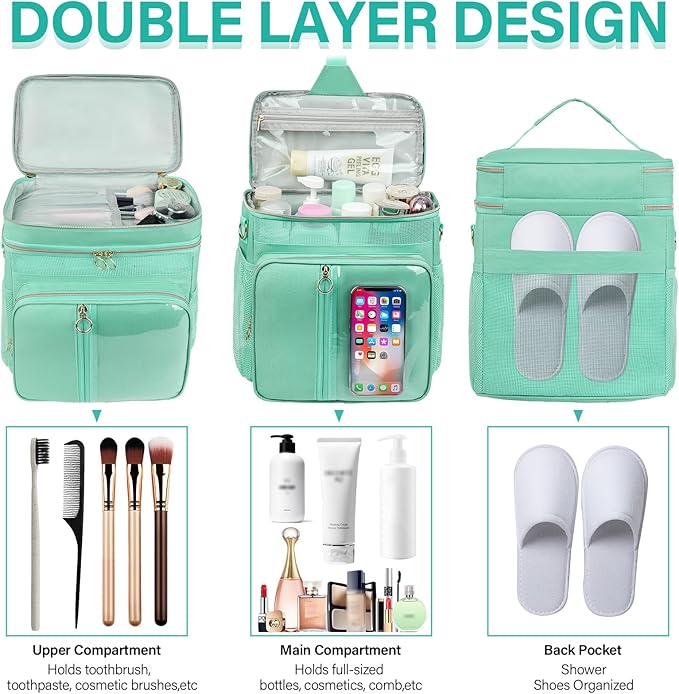 Portable Shower Caddy Bag College, Quickly Dry Toiletry Mesh Tote Bag for Dorm Room Essentials, Hanging Bathroom Organizer for Travel, Gym, Camping (Mint Green)