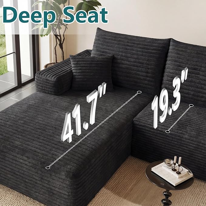 95" Modular Sectional Couch, Boneless L Shaped Cloud Sofa with Chaise Lounge, Corduroy Upholstered Couches Memory Foam Deep Seat, No Assembly Required, Ideal for Living Room(Black, Left Facing)