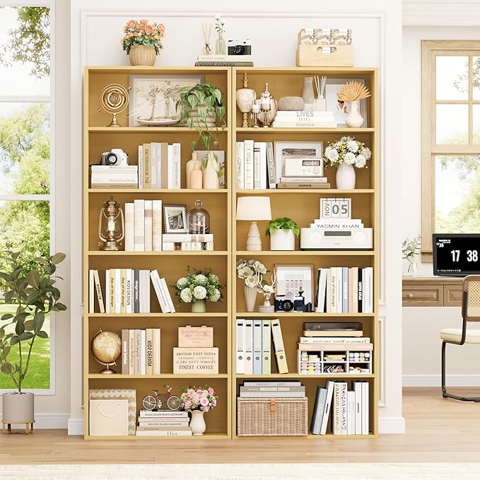FOTOSOK 6-Tier Open Bookcase and Bookshelf Set of 2, Freestanding Display Storage Shelves Tall Bookcase for Bedroom, Living Room and Office, Natural