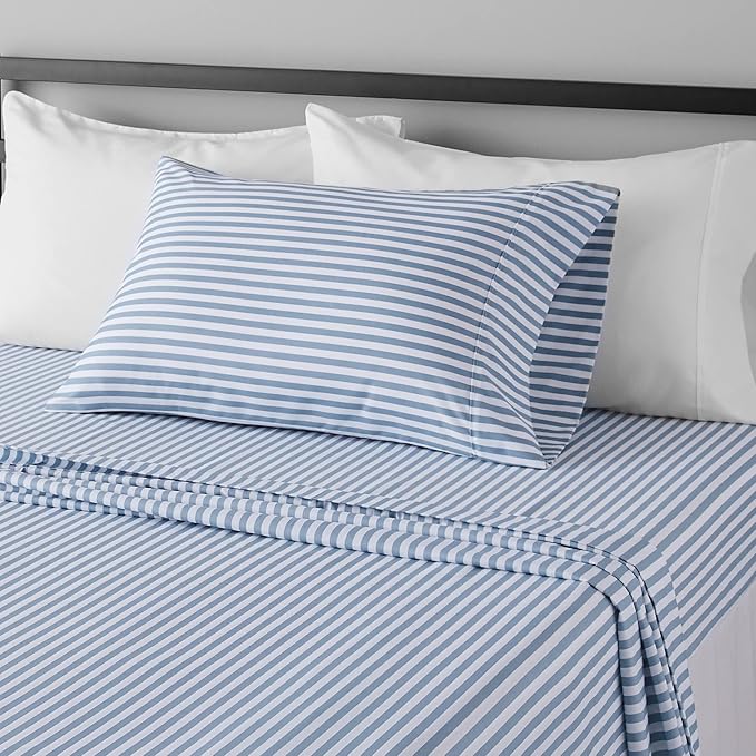 Amazon Basics Lightweight Super Soft Easy Care Microfiber 3 Piece Bed Sheet Set With 14-inch Deep Pockets - Twin, Dusty Blue Pinstripe,Printed AmazonBasics