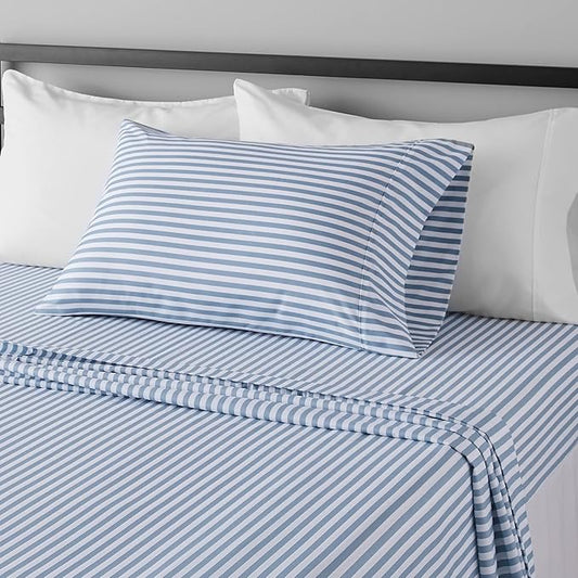 Amazon Basics Lightweight Super Soft Easy Care Microfiber 3 Piece Bed Sheet Set With 14-inch Deep Pockets - Twin, Dusty Blue Pinstripe,Printed AmazonBasics