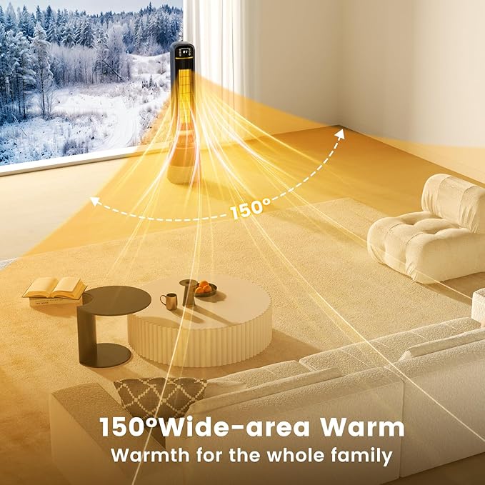 VCJ 36" Space Heaters with Humidifier, 12H Timer Electric Heater for Indoor Use, Remote, 150° Oscillation, Overheat & Tip-Over Protection, Quiet Portable Tower Heater for Bedroom Living Room Garage