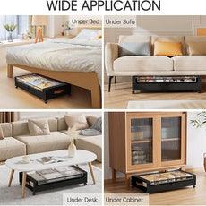 Yecaye 60L Under Bed Storage with Wheels, 2 Pack Under Bed Storage Containers, Underbed Shoe Storage with Clear Window & Label, Rolling Under Bed Metal Drawer for Clothes, Shoes, Books, Black